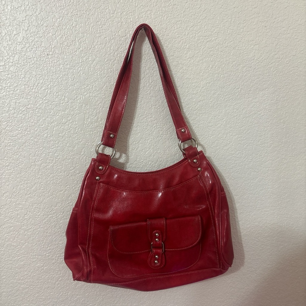 Glossy Red Leather Shoulder Bag with Silver Hardware